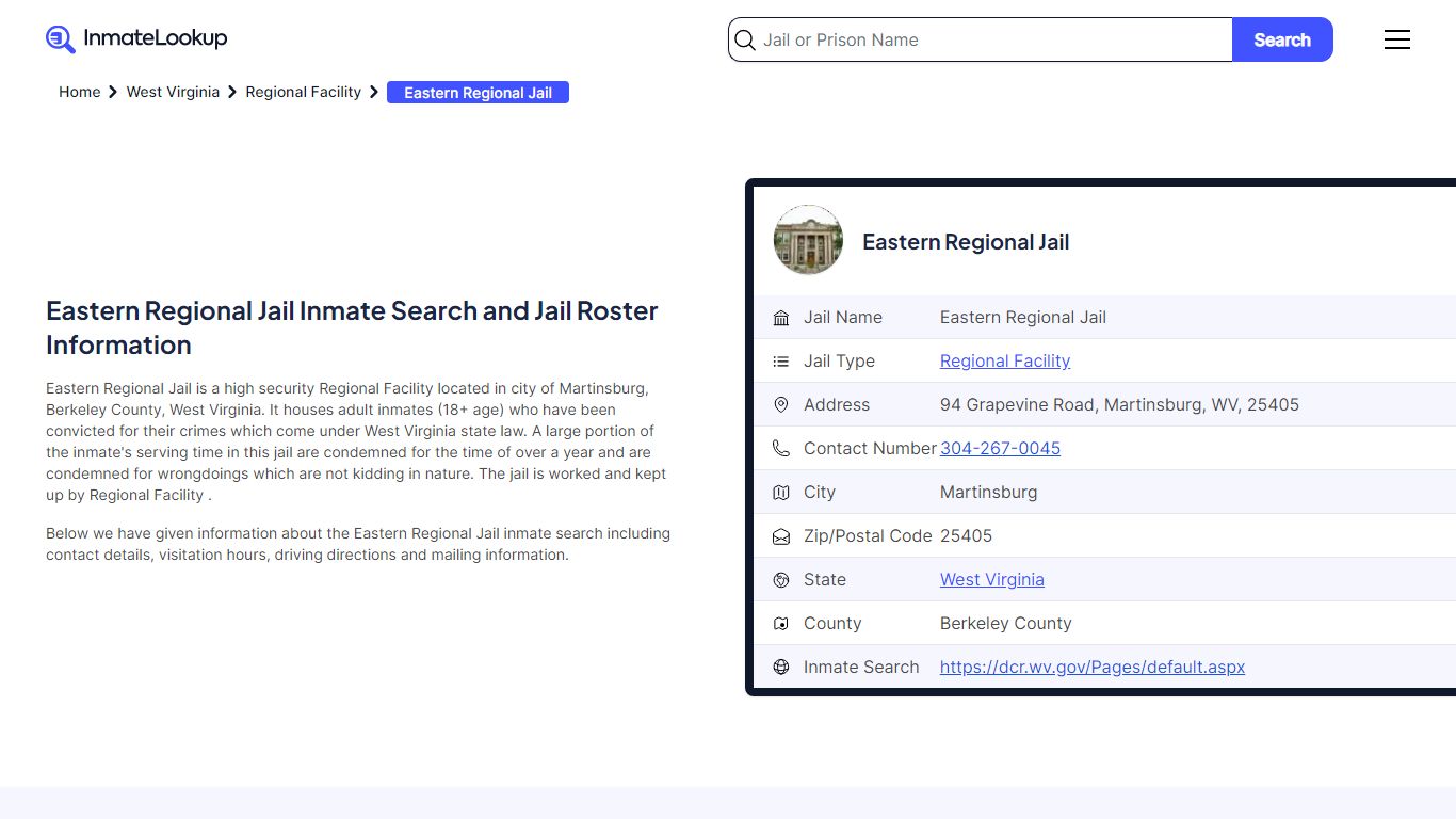 Eastern Regional Jail Inmate Search and Jail Roster Information